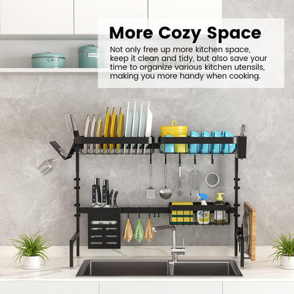 MERRYBOX Over The Sink Dish Drying Rack, 2-Tier Height:20.7in,Length:25.6-33.5in Adjustable,Stainless Steel Dish Drainer with Cutting Board Holder,Large Kitchen Dish Rack Counter Organizer Space Saver