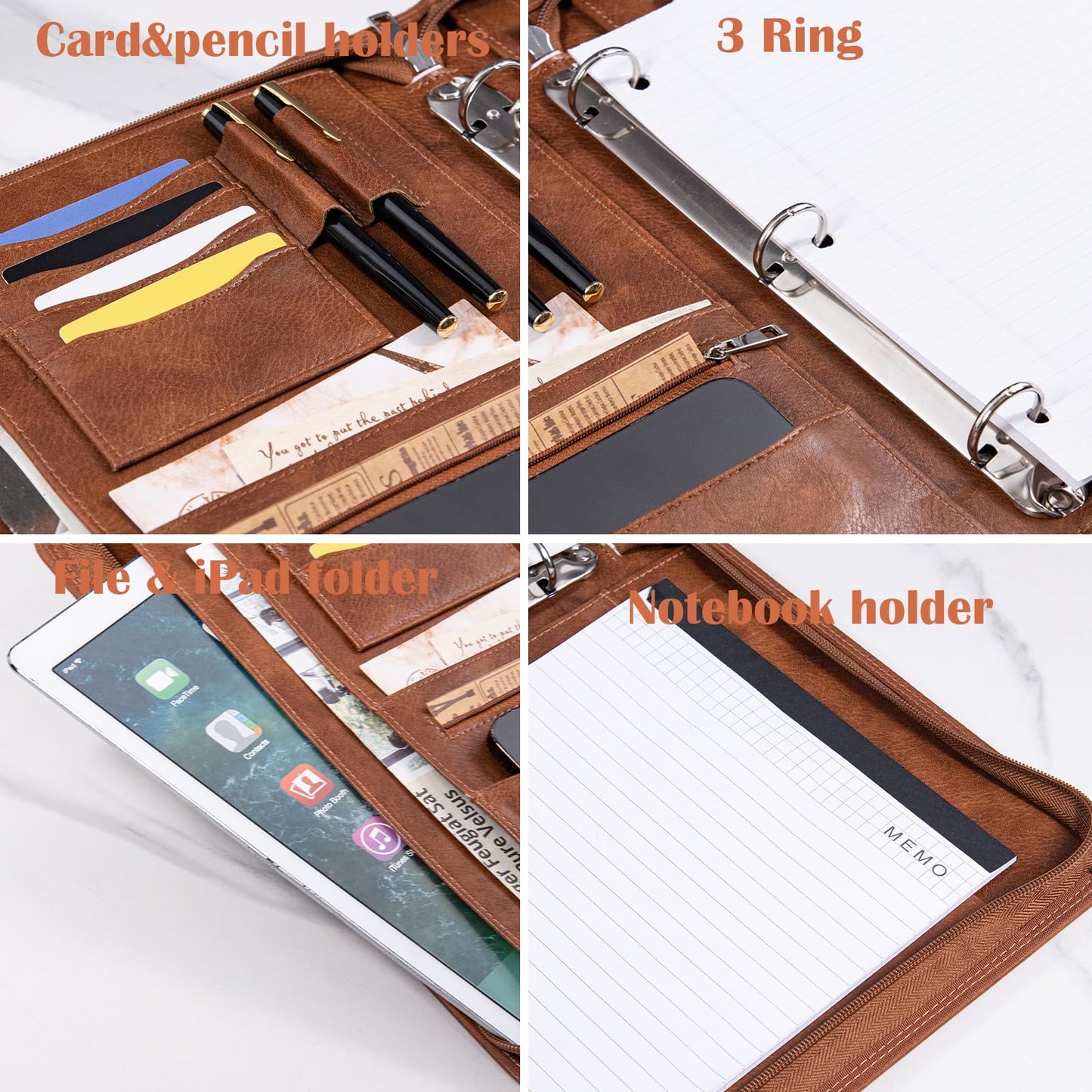 Calfinder 3 Ring Portfolio Binder with Zipper,Leather Portfolio for Men,Padfolio for Women,Professional Business Portfolio Organizer for Resume/Interview, A4 Letter Document Organizer