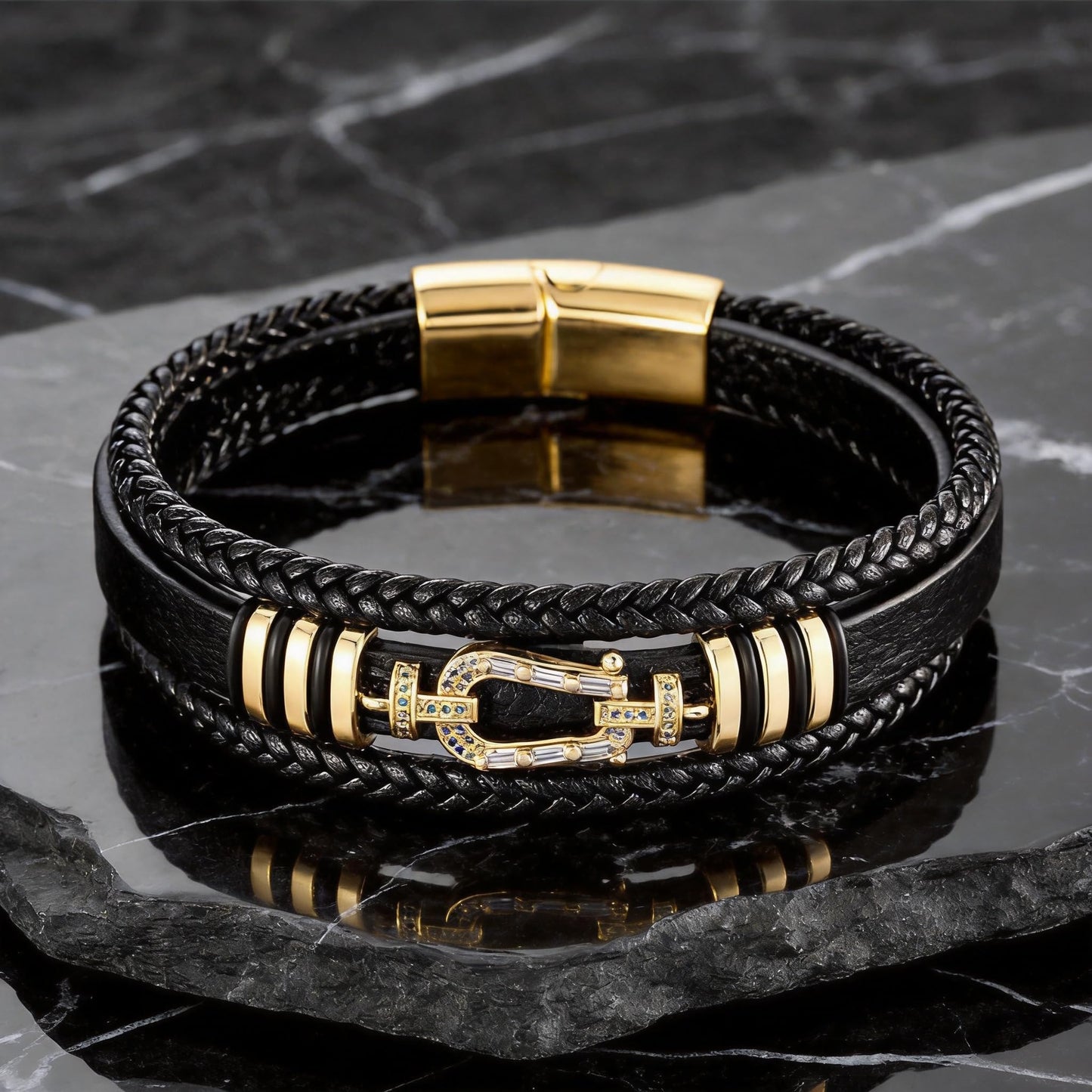 Kim Carrey Italian Handmade Genuine Leather Bracelets for Men Stainless Steel Clip, Men's Casual Genuine Multi-layer Cuff Bracelet, Bracelet Gift for Real Men (Horseshoe)