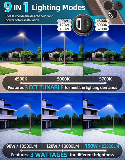 9PCS LED Parking Lot Lights 150W 120W 90W, LED Shoebox Light 5700K 5000K 4500K Adjustable Arm&Slip Fitter, DLC Listed Outdoor Pole Light with Photocell, IP65 Commercial Street Area Lighting 100-277V