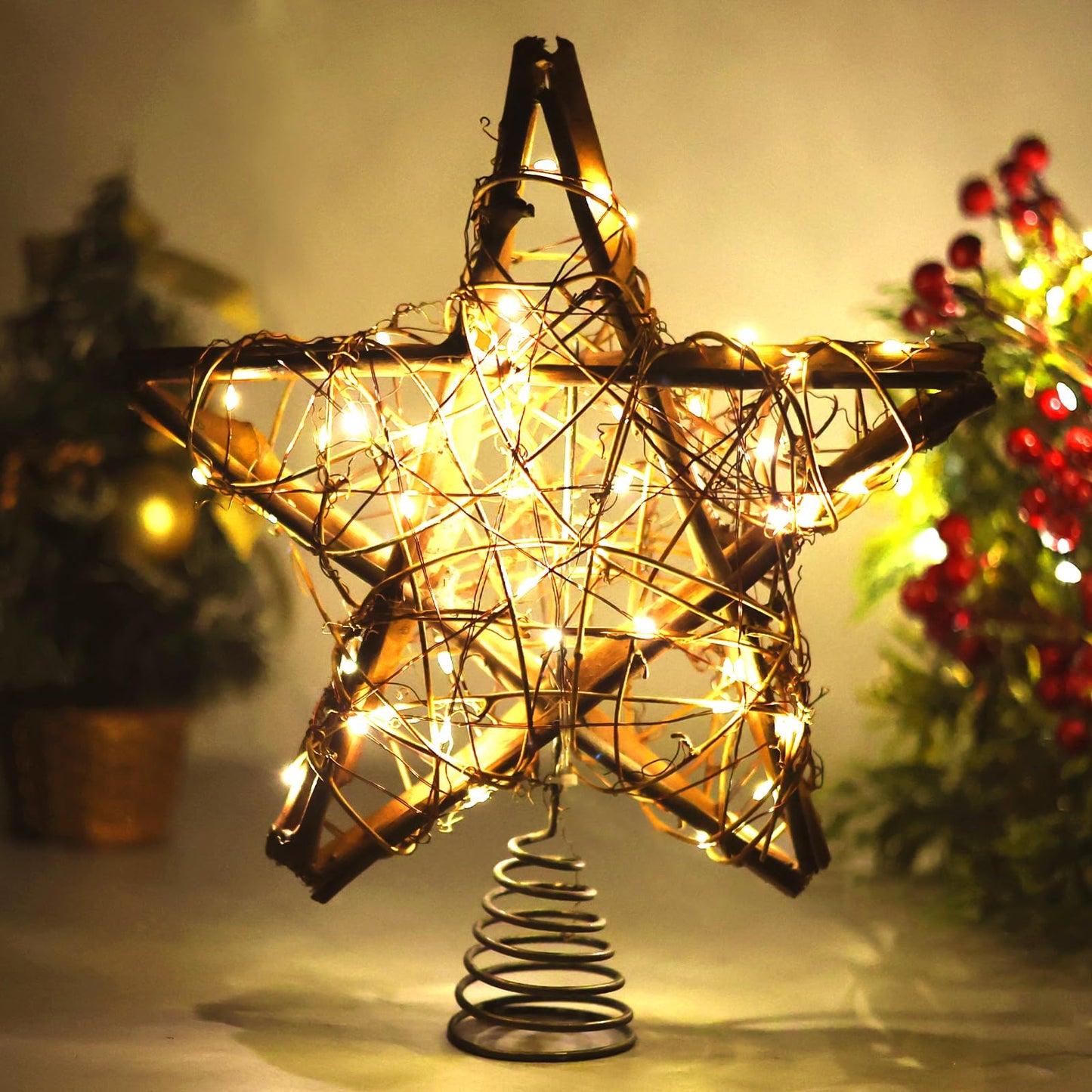 Christmas Tree Topper Star,Rattan Christmas Tree Topper with 50 LED Light,10 Inch Warm White Light Rustic Star for Christmas Tree Decoration Holiday Farmhouse Decor Battery & USB Powered