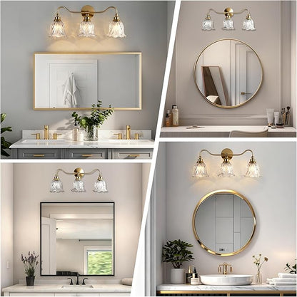 3-Lights Bathroom Vanity Light Gold Vintage Light Fixtures Floral Flower Matte Antique Brass Crystal Glass Shade, Wall Sconces Lighting for Living Room, Bedroom, Hallway（E12 Base）