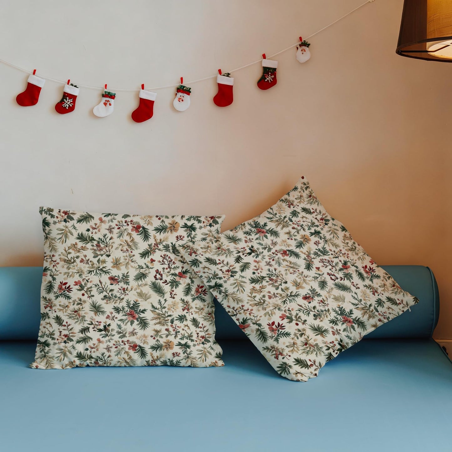 Exqcom Rustic Christmas Floral Pillow Covers 18x18 Set of 2, Farmhouse Christmas Decor, Boho Holly Leaves Pine Xmas Botanical Throw Pillow Covers for Home Living Room Bedroom