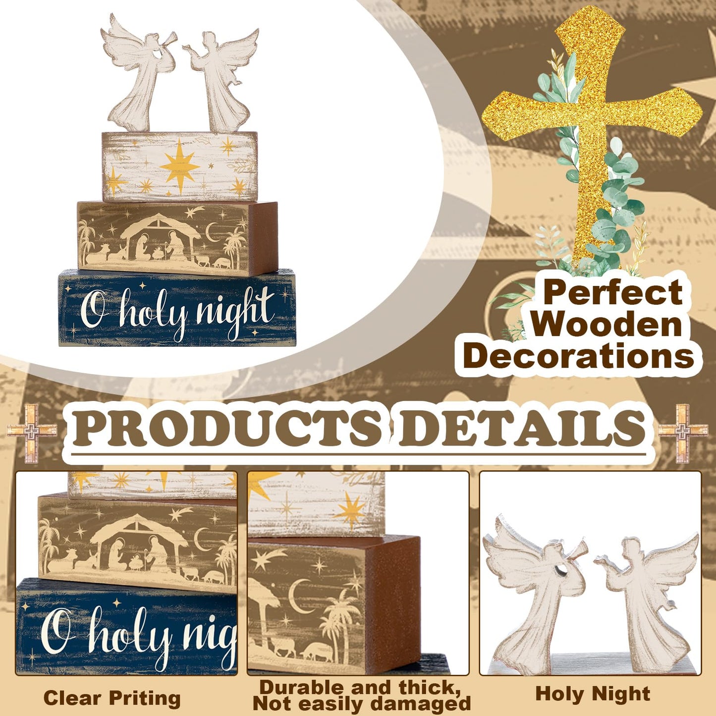 Moucuny 4 Pcs Christmas Angel Table Decor Christmas Wooden Decorative Signage Nativity Scene Tiered Tray Decor Xmas Centerpieces Farmhouse Wooden Block Set Xmas Table Sign for Home