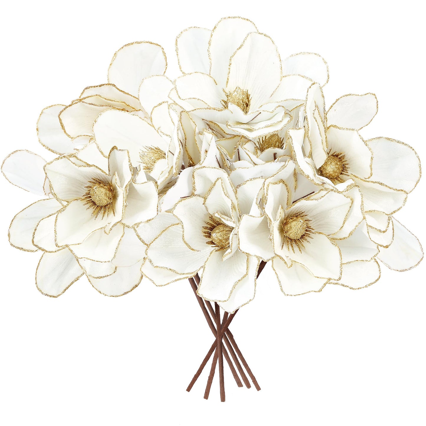 Sggvecsy 10Pcs Christmas Glitter Flowers Velvet Magnolia Flower Christmas Tree Ornaments Artificial Poinsettia Floral Picks for Xmas Wedding DIY Crafts Wreath Party Floral Decorations(White)