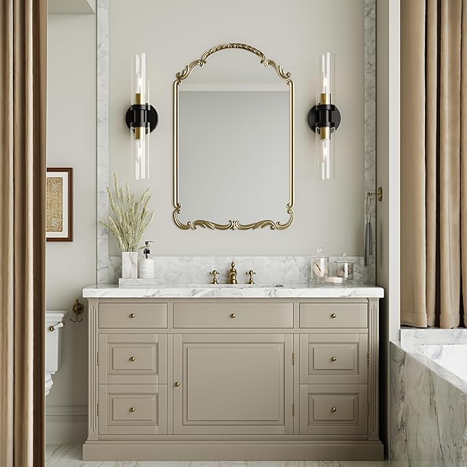 Wall Sconces Set of Two, ETL Certified, Black Gold Bathroom Wall Sconces with Clear Glass Modern Hardwired Wall Light fixtures for Bathroom Mirror Living Room Entryway Hallway(Bulbs Not Include)