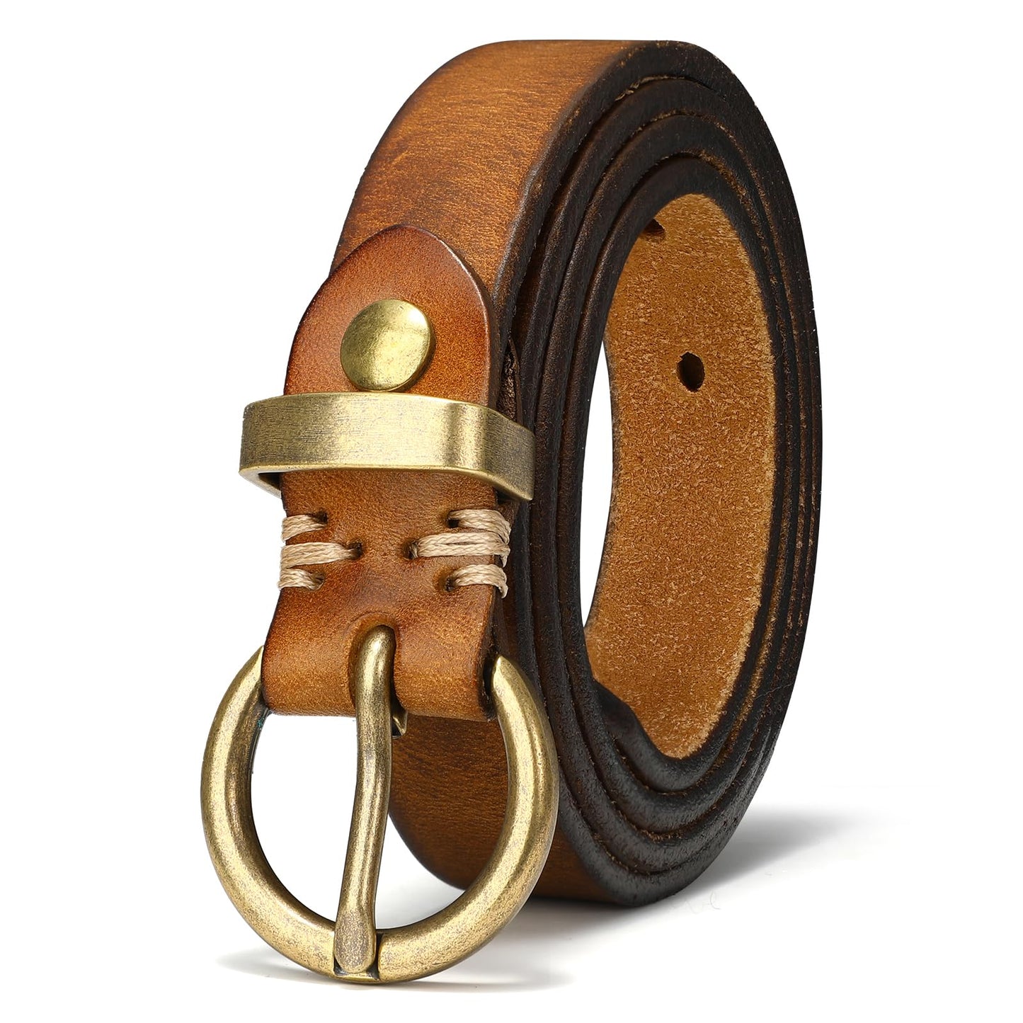 SANSTHS Womens Genuine Leather Belts for Jeans Pants Trendy Vintage Thin Leather Belt Gold Buckle Ladies Skinny Waist Belt,Brown,S