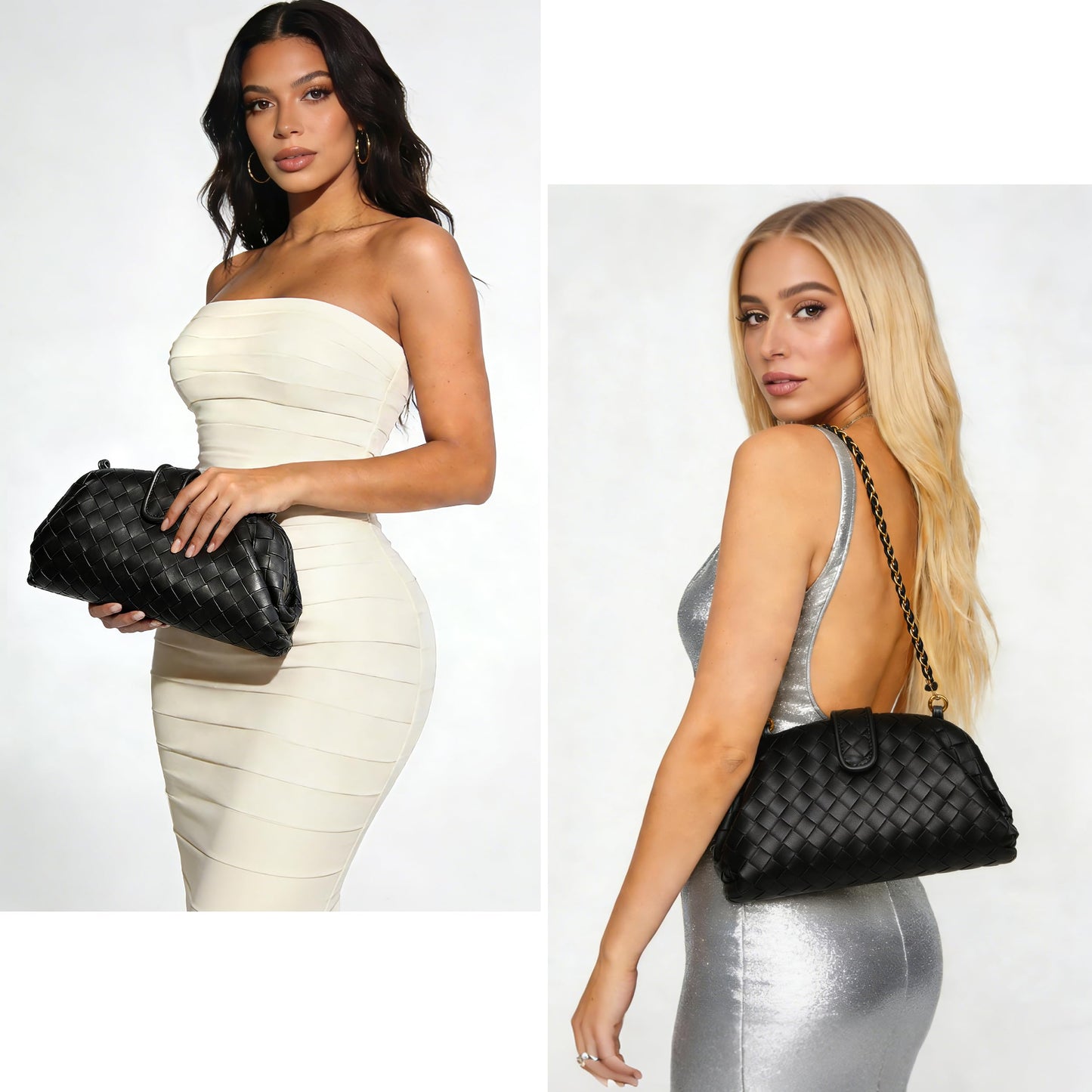 Joryin Formal Evening Bag Woven Shoulder Bag. Black Clutch Purses for Women Wedding. Dumpling Bag Crossbody Handbag Dress Purse Vegan Leather.