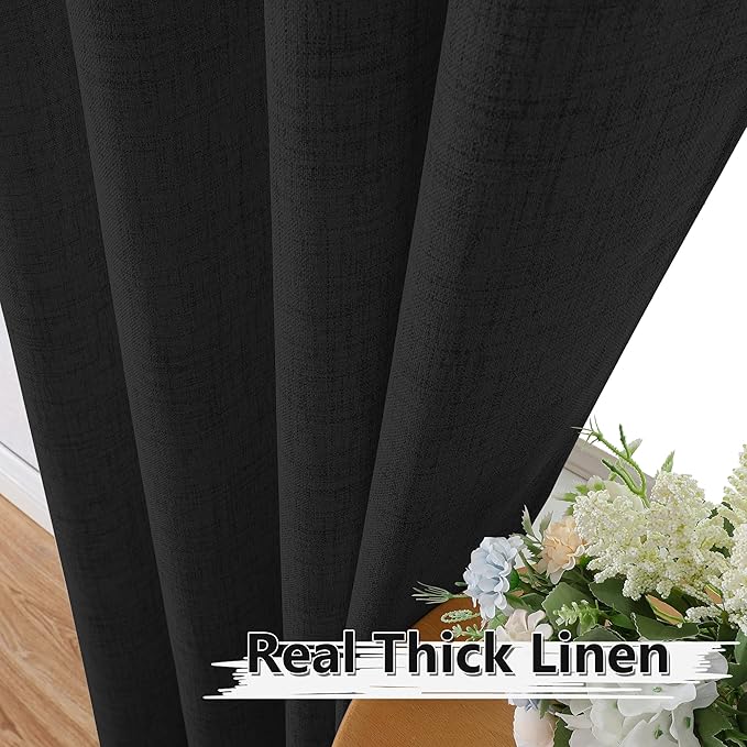 Tollpiz Short Linen Curtains Bedroom Rod Pocket Semi Sheer Curtain Burlap Light Filtering Thick Linen Drapes for Living Room, 38 x 45 inches Long, Black, Set of 2 Panels