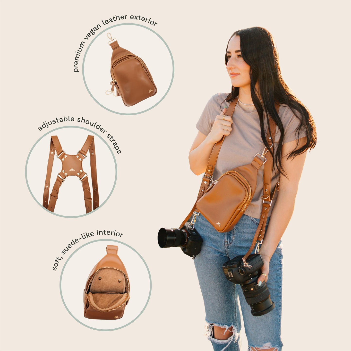rr ruby+rae The Duo Camera Harness & Crossbody Bag – Double Camera Harness with Removable Crossbody Bag, Vegan Leather, Protective Suede Interior, Black