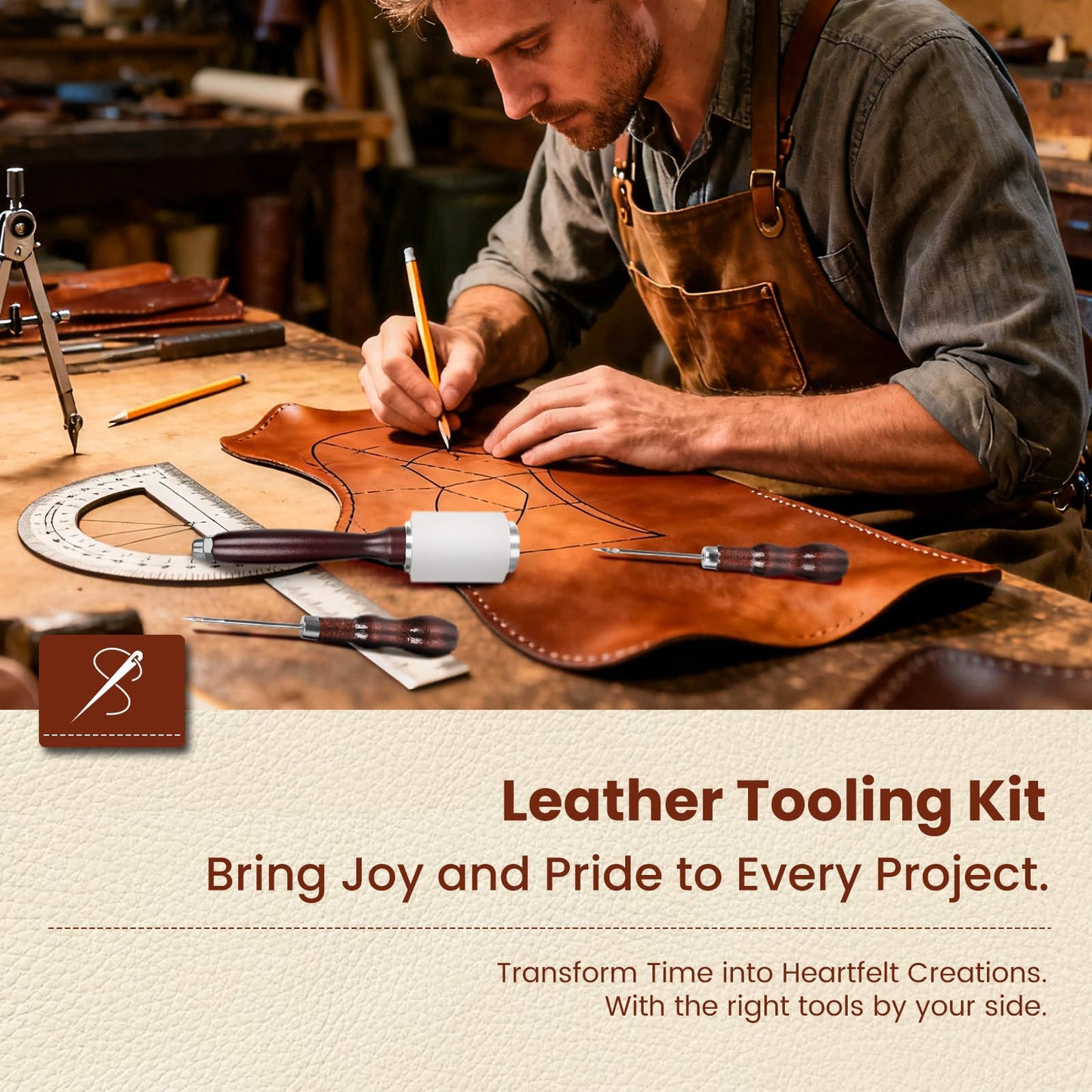 ZAMQIU Leather Working Kit, 155-Piece Leather Tooling Kit with Carving Stamping Sewing Punching Cutting, Leatherworking Tool Set for Beginners, DIY Craft Starter Set for Wallet, Belt, Bag Making