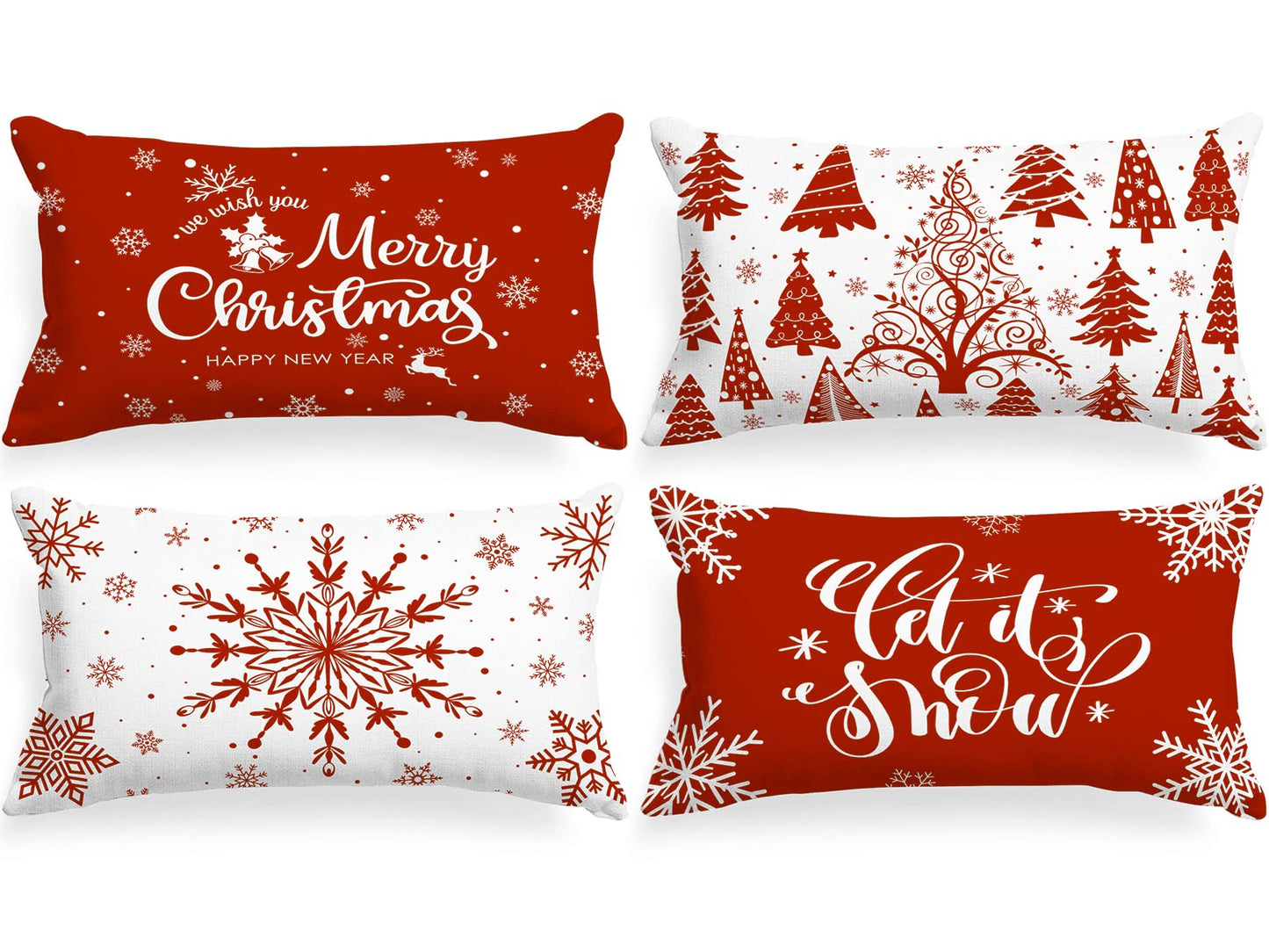 Lanpn Christmas Lumbar Throw Pillow Covers 12x24 Set of 4, Merry Christmas Winter Xmas Snowflake Decorative Holiday Cushion Pillow Cases 12 x 24 for Indoor Farmhouse Home Room Couch Decor (Red)