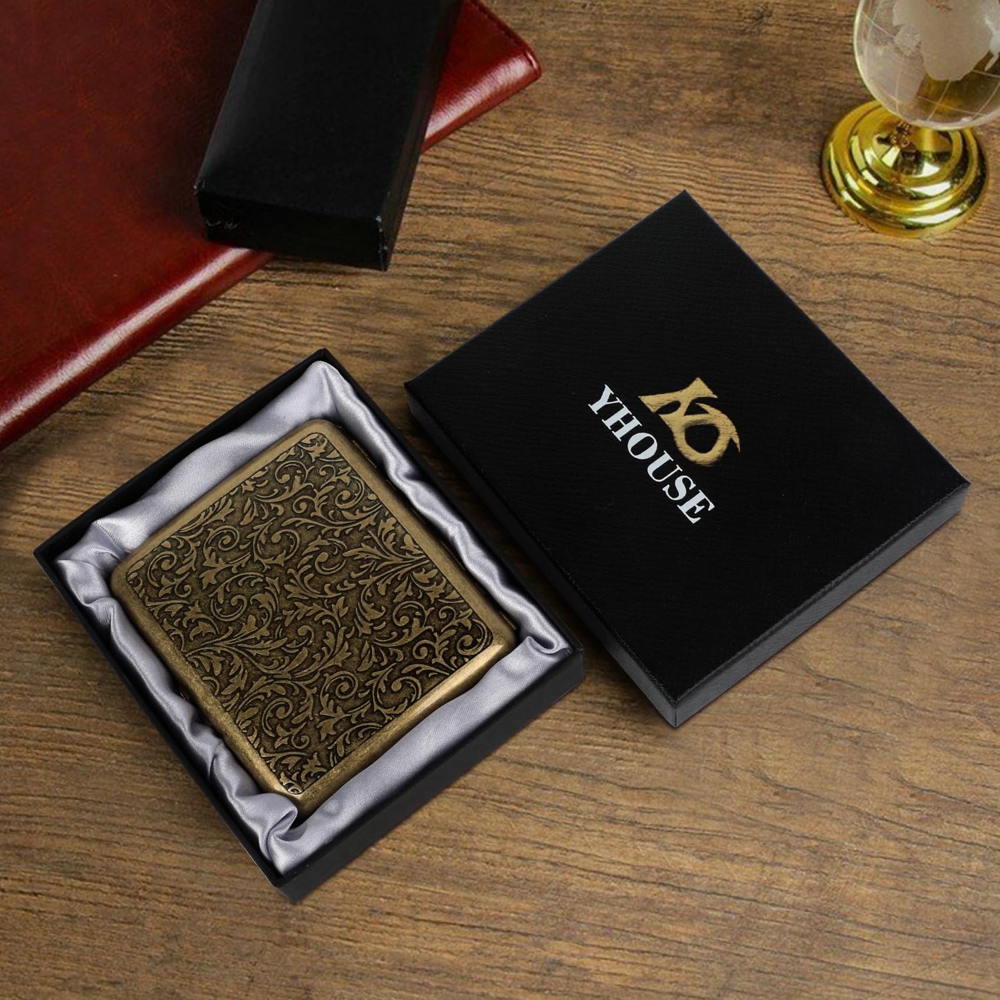 YHOUSE Cigarette Case - Retro Metal Cigarette Box Double Sided Spring Clip Open Pocket Holder for 20 Cigarettes (Golden)