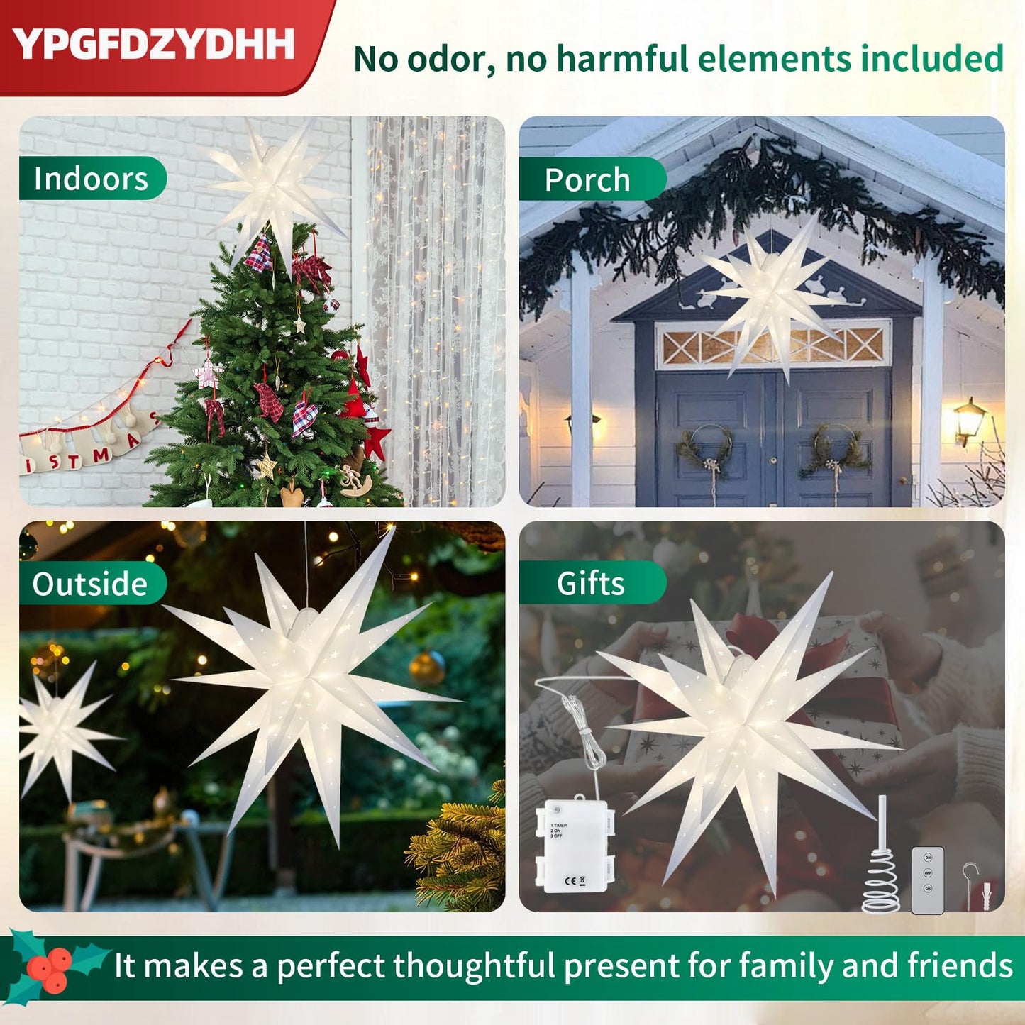 YPGFDZYDHH 5 Pack 18" Moravian Star Outdoor Light, Moravian Star Christmas Tree Topper Lighted Battery Operated, Remote Control Hanging Outdoor Star Light for Advent Courtyard, Porch-White Cutout