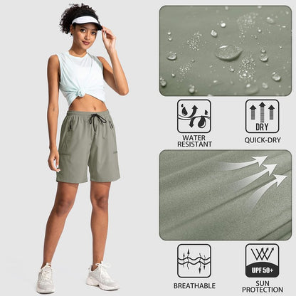 SANTINY Women's 5''/ 7''/9'' Hiking Cargo Shorts Quick Dry Lightweight Summer Shorts for Women Athletic Golf Zipper Pockets(Silver Sage_S)