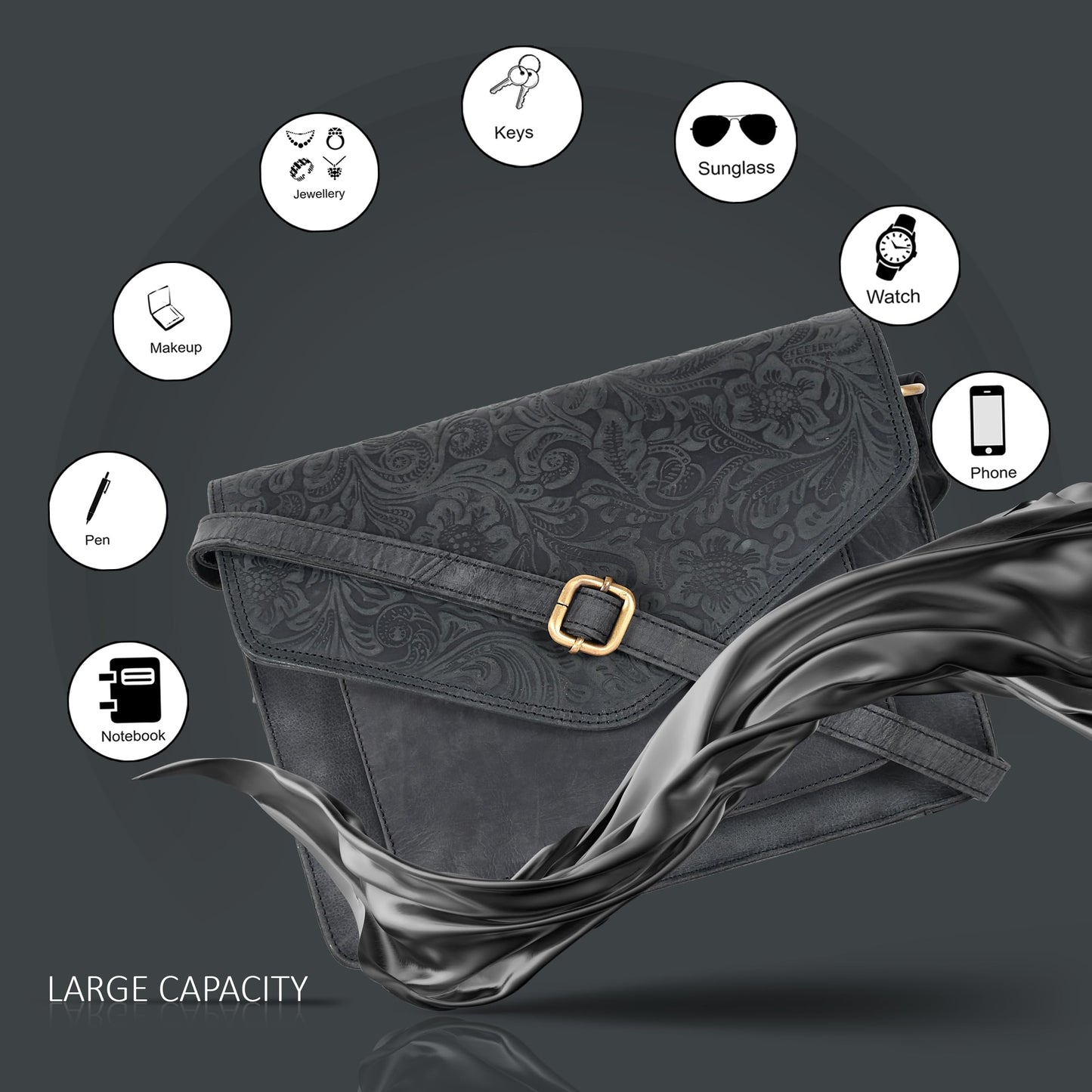 Leather Flapover Crossbody Handbag Purse for Women with Adjustable Strap & Overflap Snap Closure Tote/Bag (E.Black Hunter)