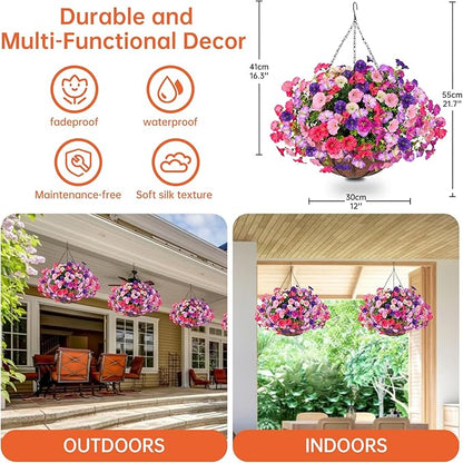 Florielle Artificial Hanging Faux Flowers Basket, Fake Silk Petunias Plants Arrangement,for Spring Summer Outdoor Decoration,UV Resistant, Morning Glorias,for Home Garden Decor (PinkPurple)