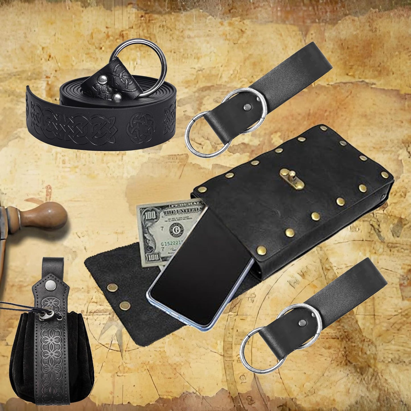 Renaissance Belt Pouch Medieval Viking Pirate Leather Bag Detachable Chains Arm Set Skirt Hike Halloween Cosplay Costume Accessories (Black-2Pouch)