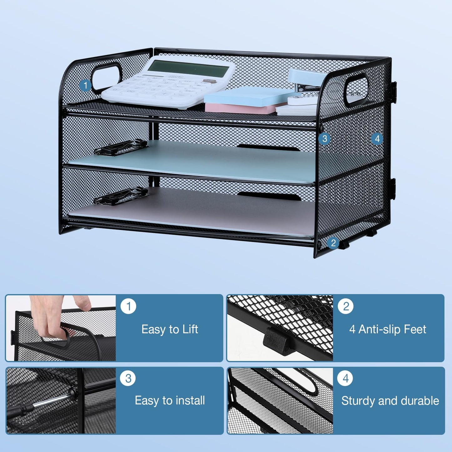 NCXTKJ 3-Tier Letter Tray Paper Organizer with Handle, Compact Mesh Desk File Organizer for Home Office Supplies Desktop Accessories,Black