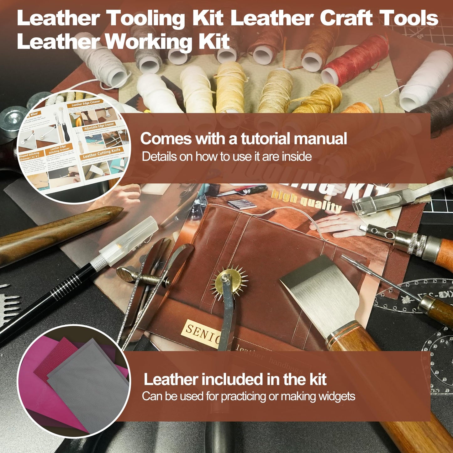 FIOQE Leather Tooling Kit Leather Craft Tools Leatherworking Kit 588Pcs DIY Set with Handbag for Bag Belt Wallet Engraving Punching Sewing Stamping Tools Professional