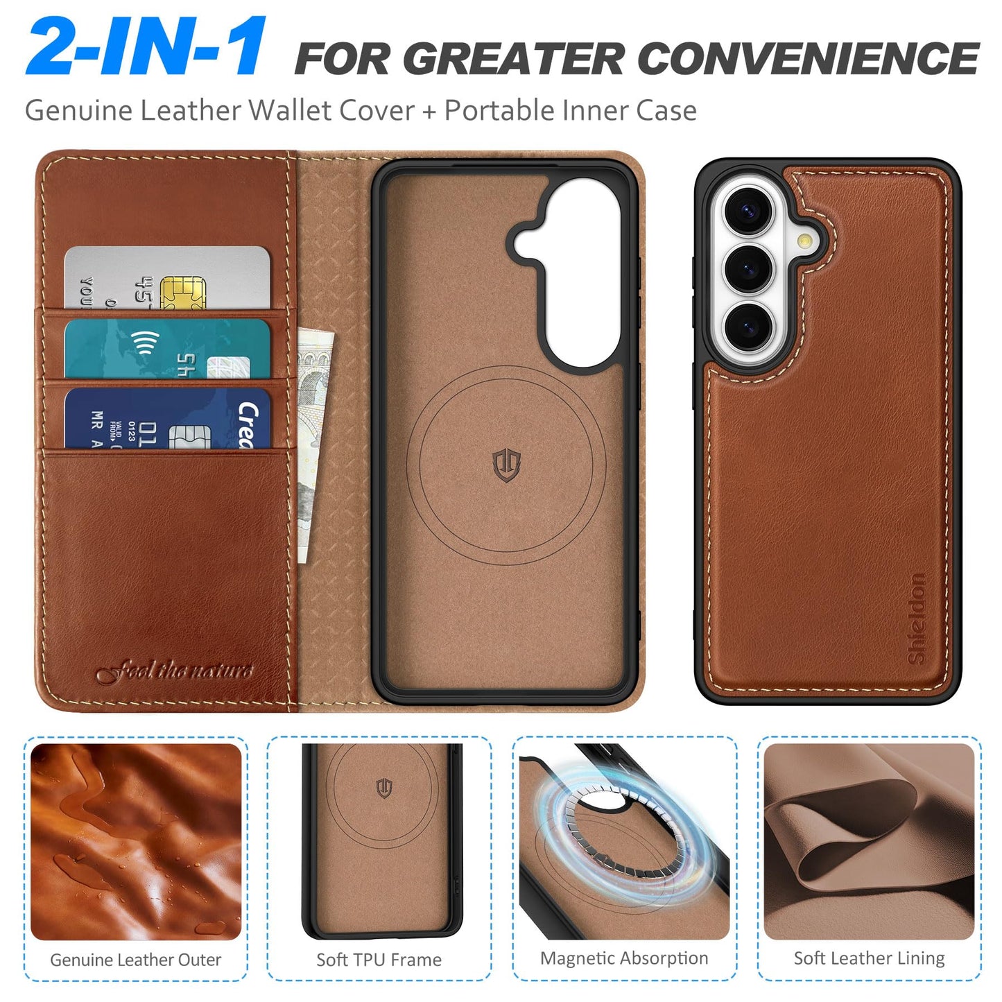 SHIELDON Detachable Wallet Case for Galaxy S26 6.3-inch, Genuine Leather, 2-in-1, Wireless Charging, Magnetic Closure, RFID Blocking Credit Card Slot, Kickstand, Full Protective Cover - Retro Brown