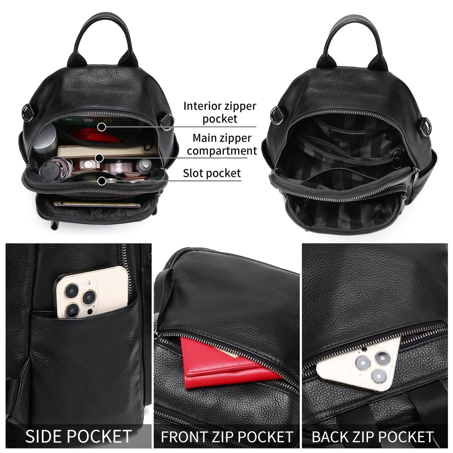 Wesccimo Genuine Leather Backpack Purse For Women Black Real Soft Leather Fashion Designer Convertible Ladies Shoulder Bag