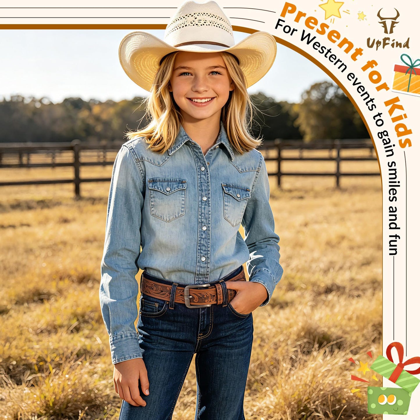 UpFind Boys Western Leather Belt Engraved Kids Cowboy Belt with Pin Buckle for Jeans Pant School Uniform Dress Up, 1.5" Wide
