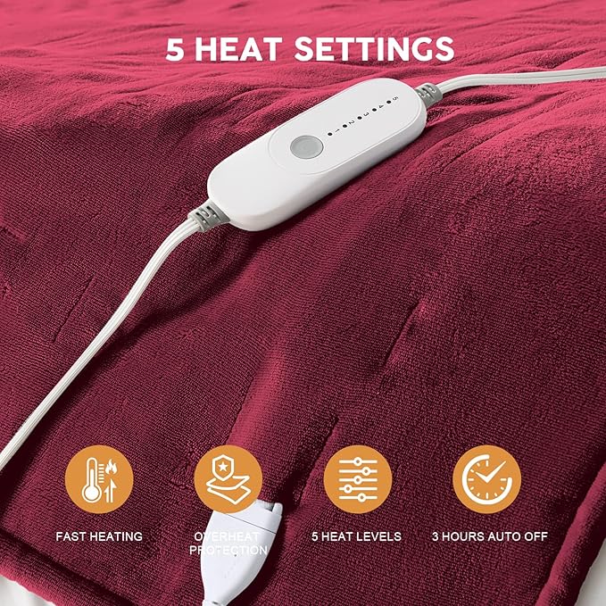 HYLEORY Heated Electric Blanket Twin 62"x84" Soft Fleece & Flannel with 5 Heating Levels & 10 Hours Timer Auto Shutt Off, ETL Certified, Washable，Heated Blanket for Body-Red