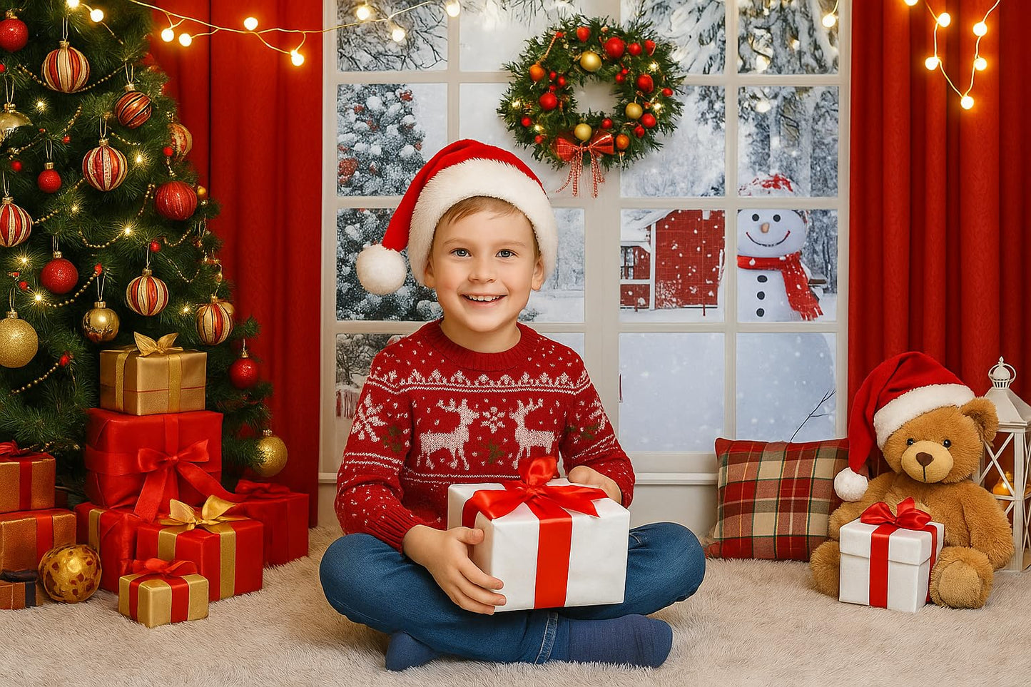 Christmas Window Backdrop 10x8ft Red Curtain Photography Backdrop Winter Xmas Party Banner Decorations Background Xmas Holiday Party Photo Booth D649