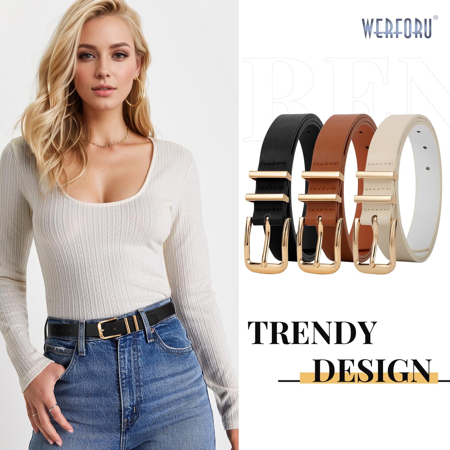 WERFORU 3 PACK Women Belt Women Fashion Leather Belts for Jeans Pants Ladies Belts with Gold Buckle,A-Black+Brown+Beige,Fit Waist Size 32-36 Inches