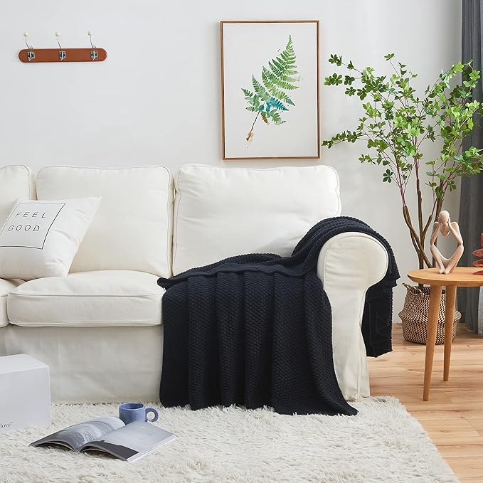 Longhui bedding Dark Navy Blue Knitted Throw Blanket for Couch, Soft, Cozy Machine Washable 100% Cotton Sofa Knit Blankets, Heavy 3.0lb Weight, 51 x 63 Inches, Dark Navy Blue Color.