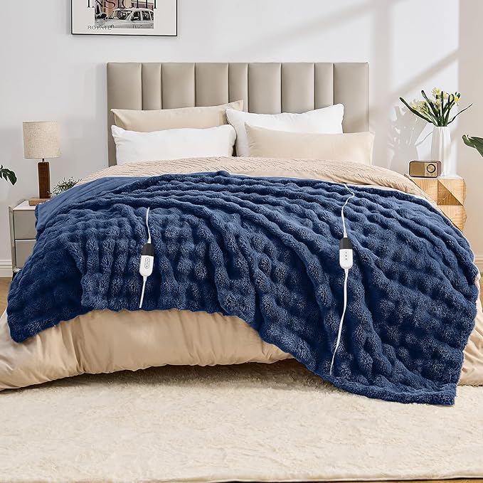Heated Blanket Electric Throw Blanket 84''X 90''-Heating Blanket with 6 Heat Settings-10 Hours Auto Off,Cozy Faux Rabbit Fur Bubble Electric Blanket,Navy Blue