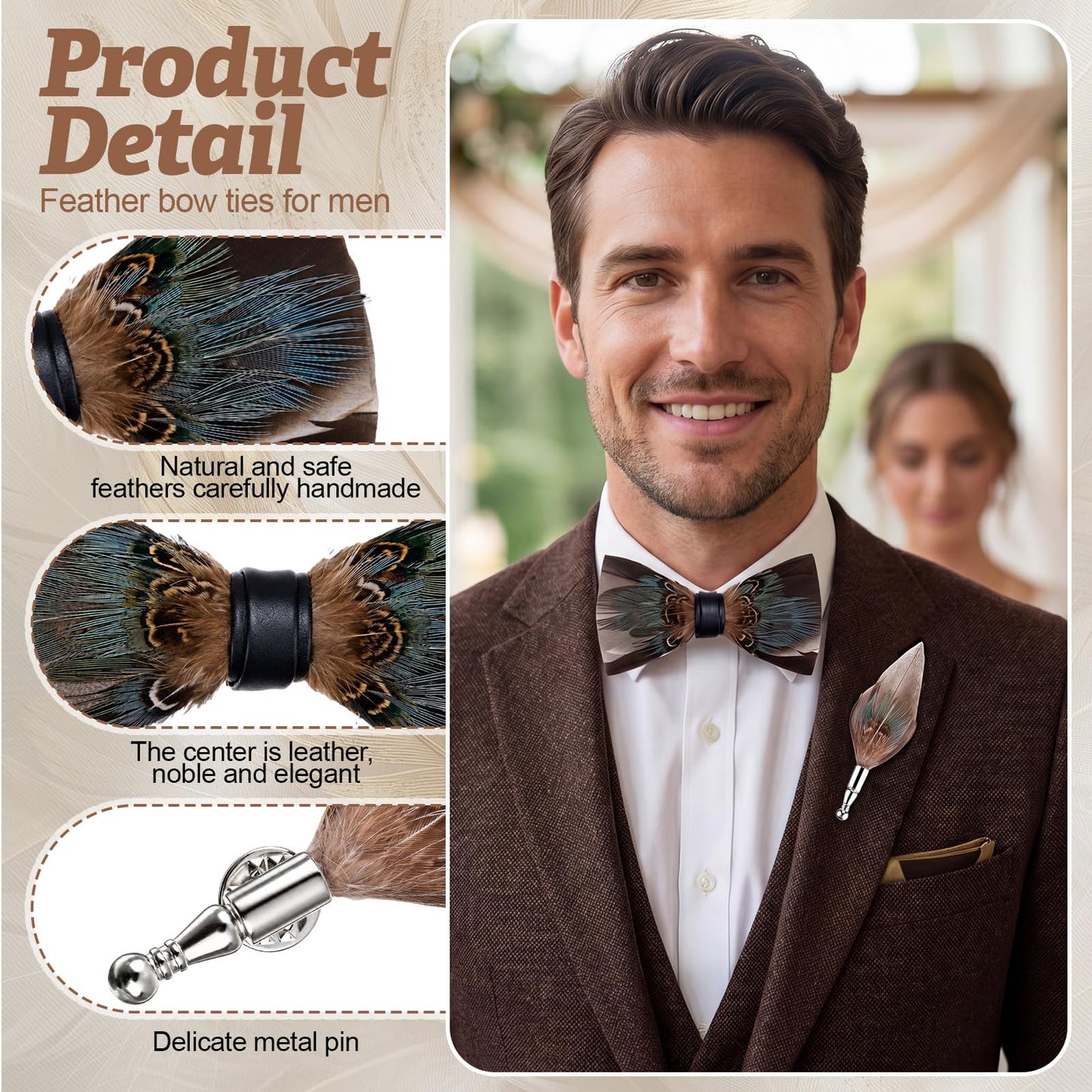 Suhine Pre Tied Feather Bow Tie for Men, Handmade Formal Bow Tie with Brooch, Wood Gift Box Set for Wedding Tuxedo Party (Brown Turquoise)