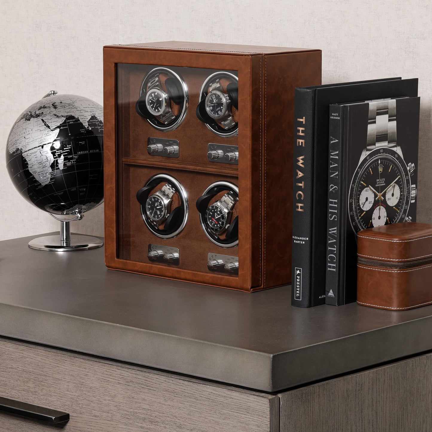 ROTHWELL 4 Watch Winder for Automatic Watches with Quiet Motor with Multiple Speeds and Rotation Settings (Tan/Brown)