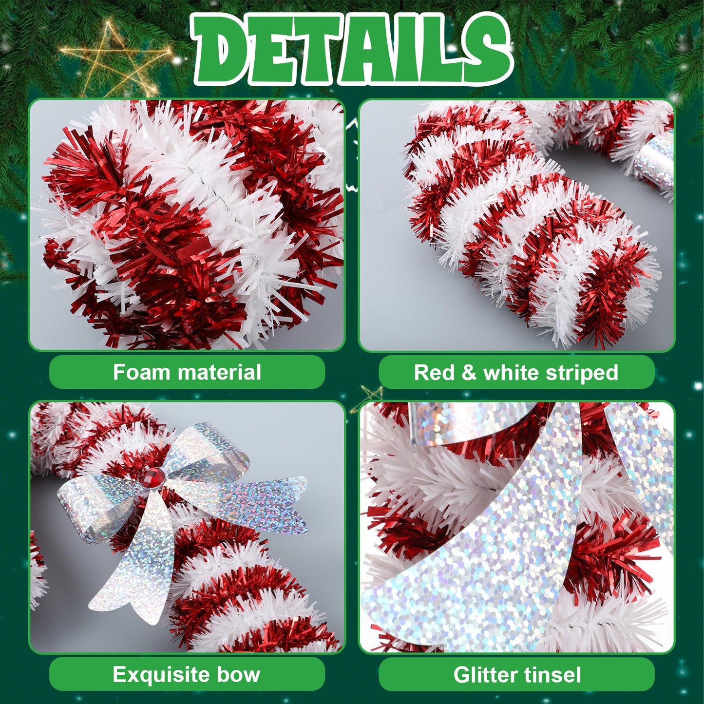 Suncalla 2 Pcs 15 Inch Christmas Candy Canes Decorations Large Christmas Tinsel Garlands Hanging Ornament Shiny Red and White Candy Decoration for Xmas Tree Door Garden Holiday New Year Party Decor
