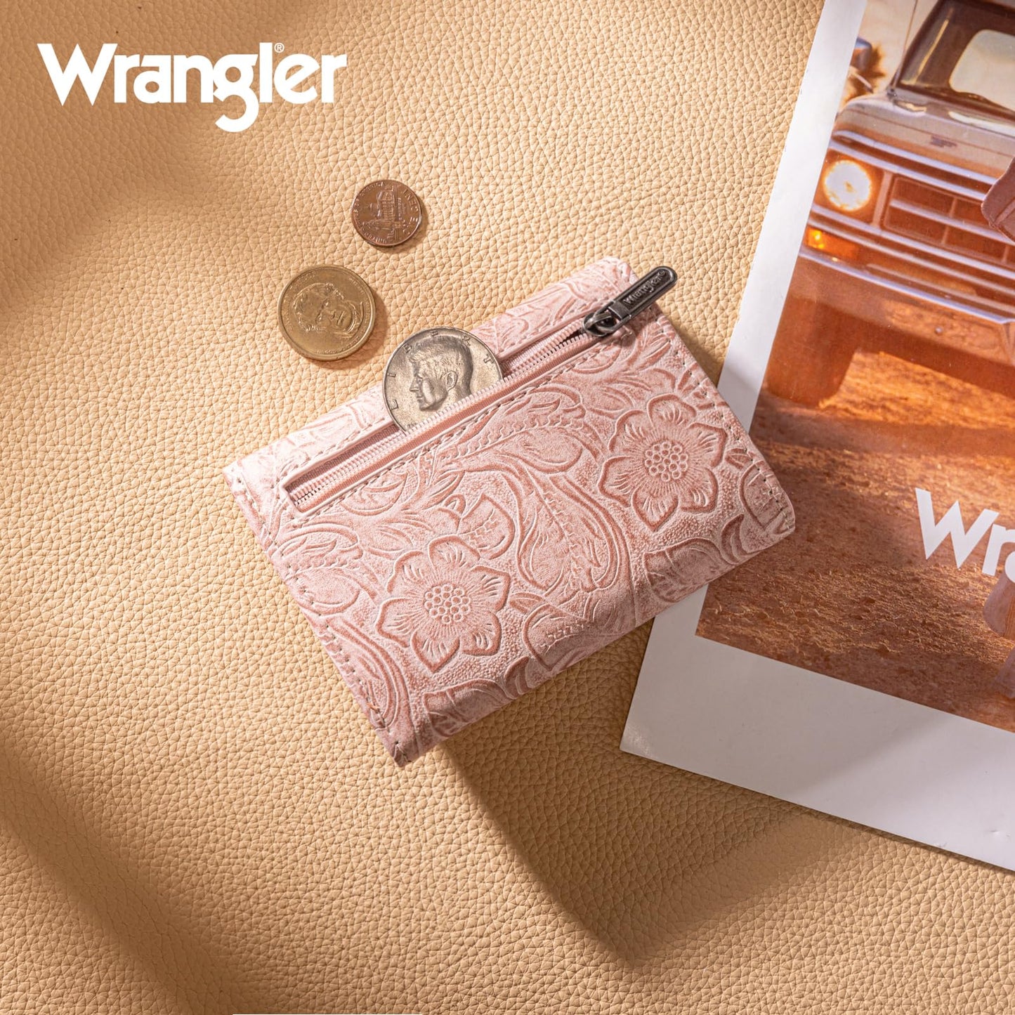 Montana West X Wrangler Small Wallet Minimalist Trifold Women's Wallets Card Cases Western Floral Money Organizers with Rfid Blocking Lining and Zipper Coin Pocket