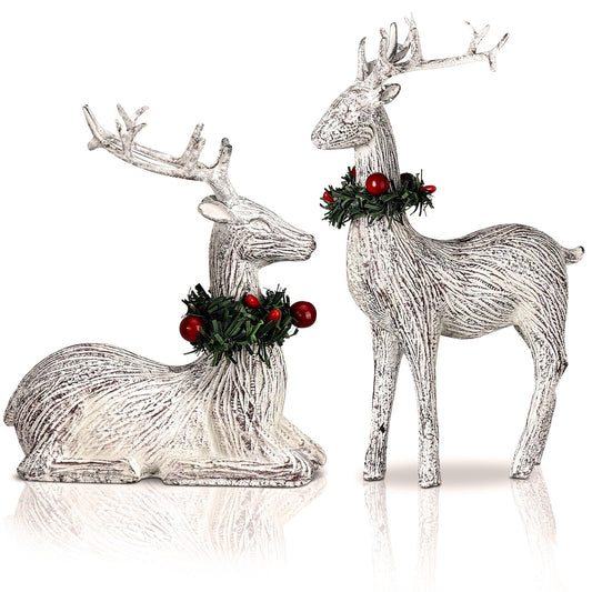 Cinnvoice 2 Pcs Christmas Reindeer Decoration Resin Reindeer Figurines for Christmas Tabletop Decor Vintage Statues Decorative Standing Sitting Deer Ornaments for Home Office Indoor Xmas Table Sign