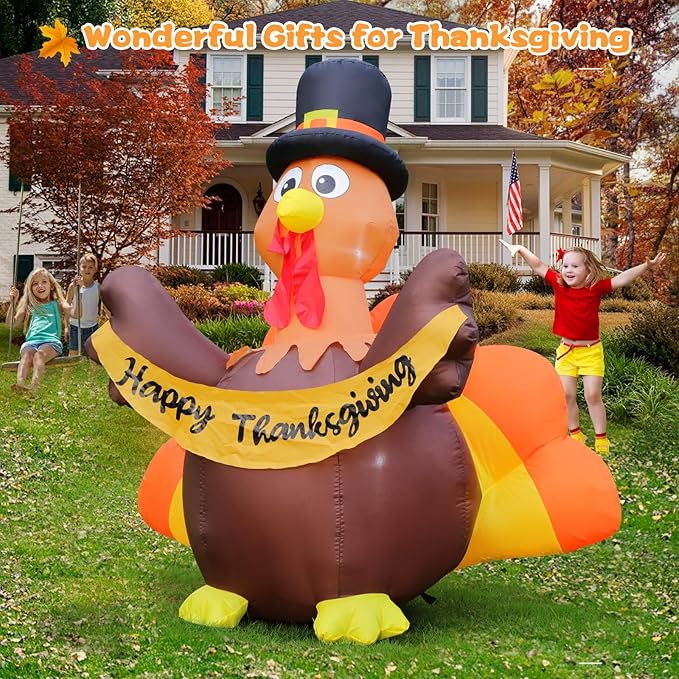 6FT Thanksgiving Inflatables Turkey Outdoor Decorations, Blow Up Turkey with Colorful Tail & Pilgrim Hat Built-in LED Lights for Family Lawn Yard Garden Fall Party House Harvest Holiday Decor