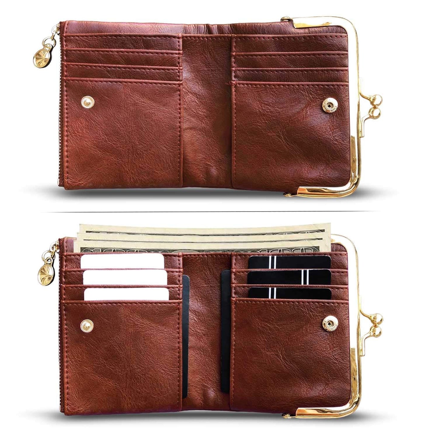 AOXONEL Womens Wallet Small Rfid Ladies Compact Bifold Leather Vintage Coin Purse With Zipper and Kiss Lock (Brown)