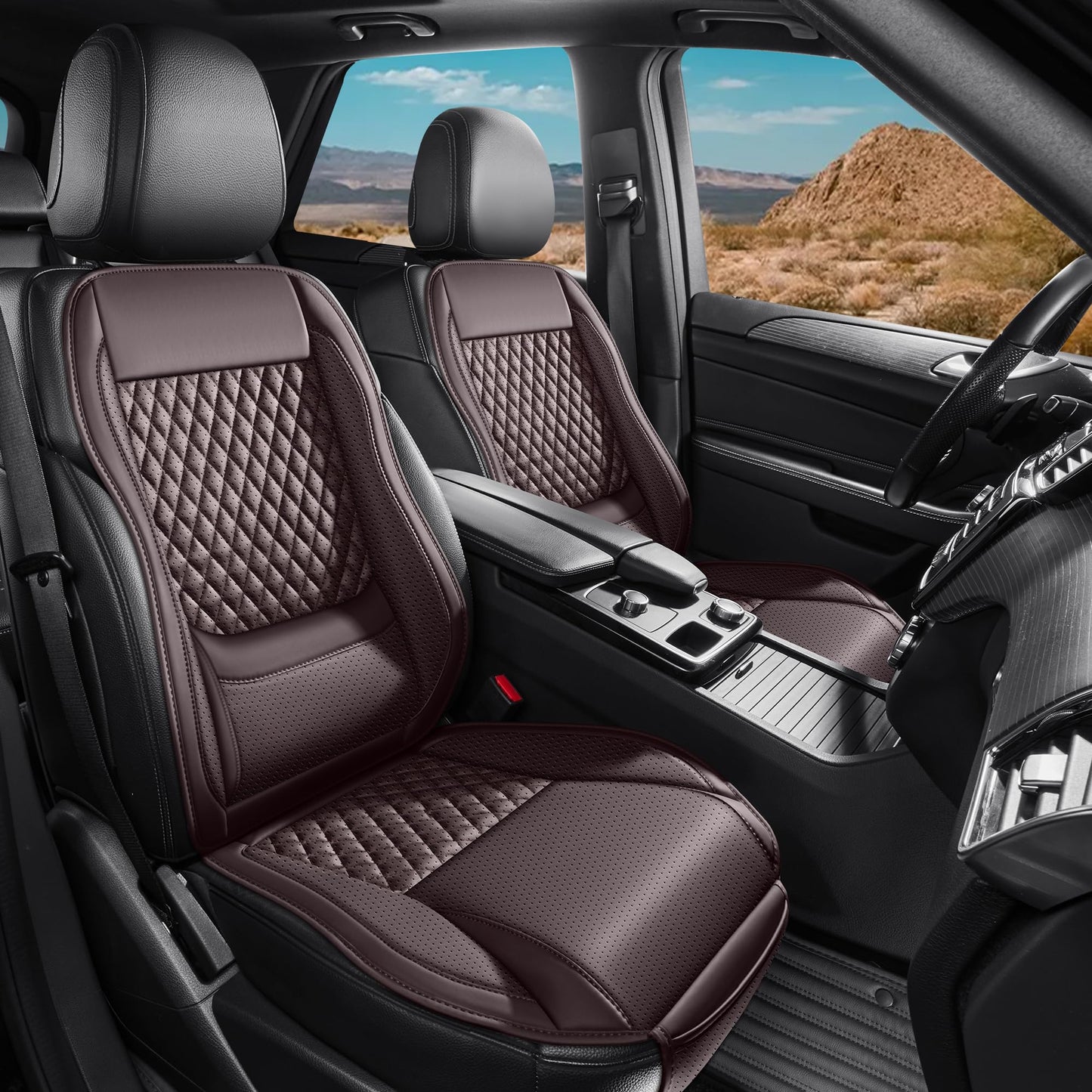 AuraSettle Premium Perforated Napa Leather Car Seat Covers Semi Universal Fit with Lumbar Support, Storage Bag for SUV Sedan Truck (Coffee Brown, Front Row Two Seats)