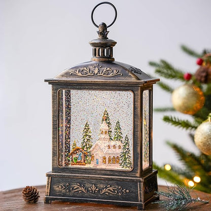 Christmas Snow Globe Lantern Water Glittering Churche & Manger Scene with Music & Timer, USB Lined/Battery Operated Lighted Lantern for Christmas Festival Decoration Gifts