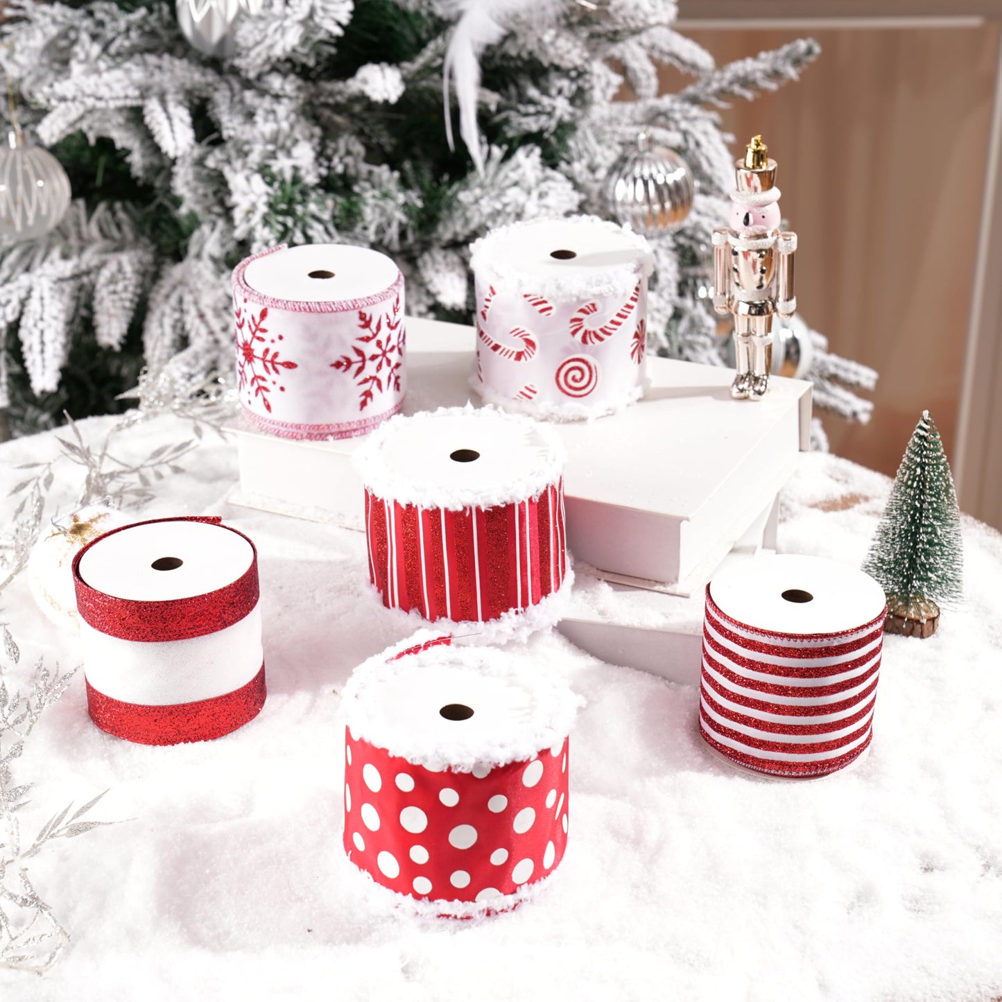 MAYREEL 2.5 Inch Red and White Christmas Ribbon Wired Candy Cane for Christmas Trees Wreaths Tree Toppers Crafts Home Decor Gift Wrapping 6 Rolls Total 36 Yards