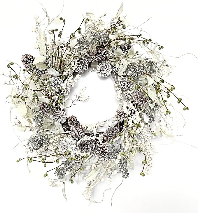 24 inch White Christmas Wreath,Winter Wreaths for Front Door with Pinecones Berries for Fireplace Xmas Decorations,Front Porch Decor and Wall Window Decor