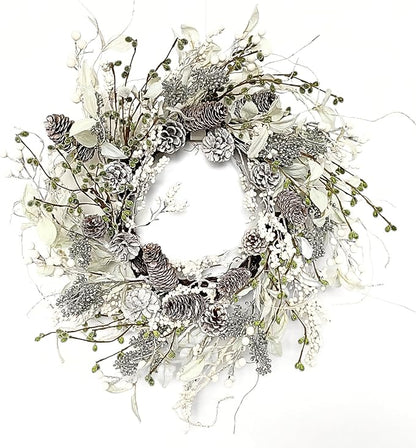24 inch White Christmas Wreath,Winter Wreaths for Front Door with Pinecones Berries for Fireplace Xmas Decorations,Front Porch Decor and Wall Window Decor