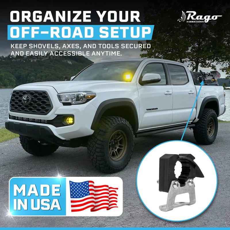 Rago Fabrication Molle Panel Mounts with Quick Fist Clamps for Shovels and Axes - CNC Cut Aluminum Mounting Brackets for Truck Beds - Made in USA