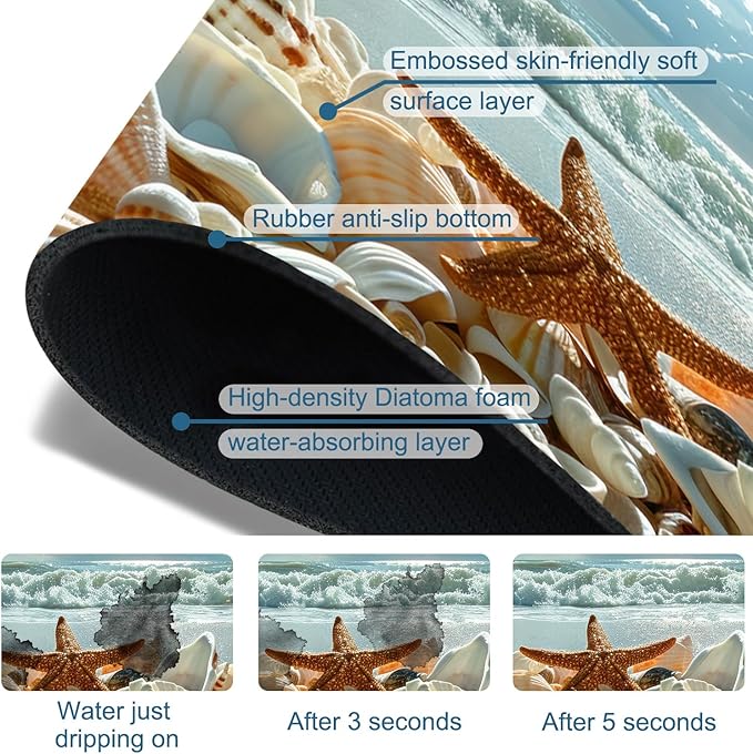 Beach Sink Splash Guard Shells Starfish Waves Faucet Absorbing Mat Fast Drying