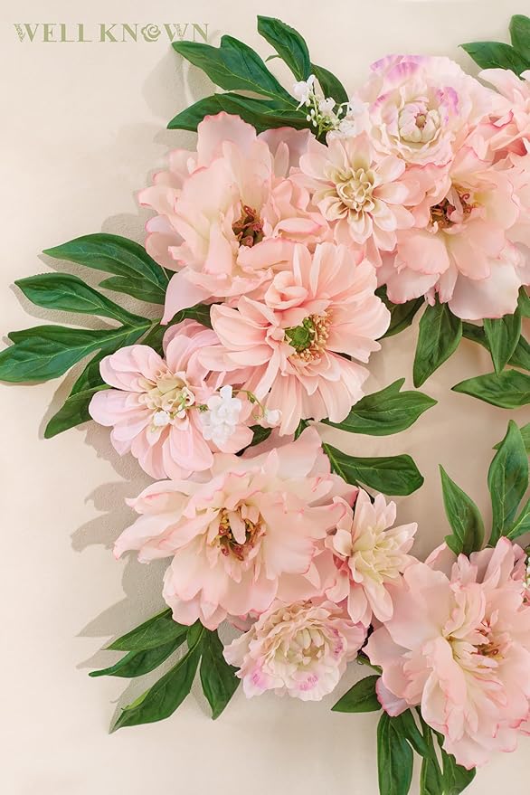 WELL KNOWN Artificial Silk Peony Flower Wreath, Fall Winter Wreaths for Front Door Porch, Wreath for Home Office Shops Wall Hanging Window Wedding Farmhouse Thanksgiving Party Decor (Blush Pink)