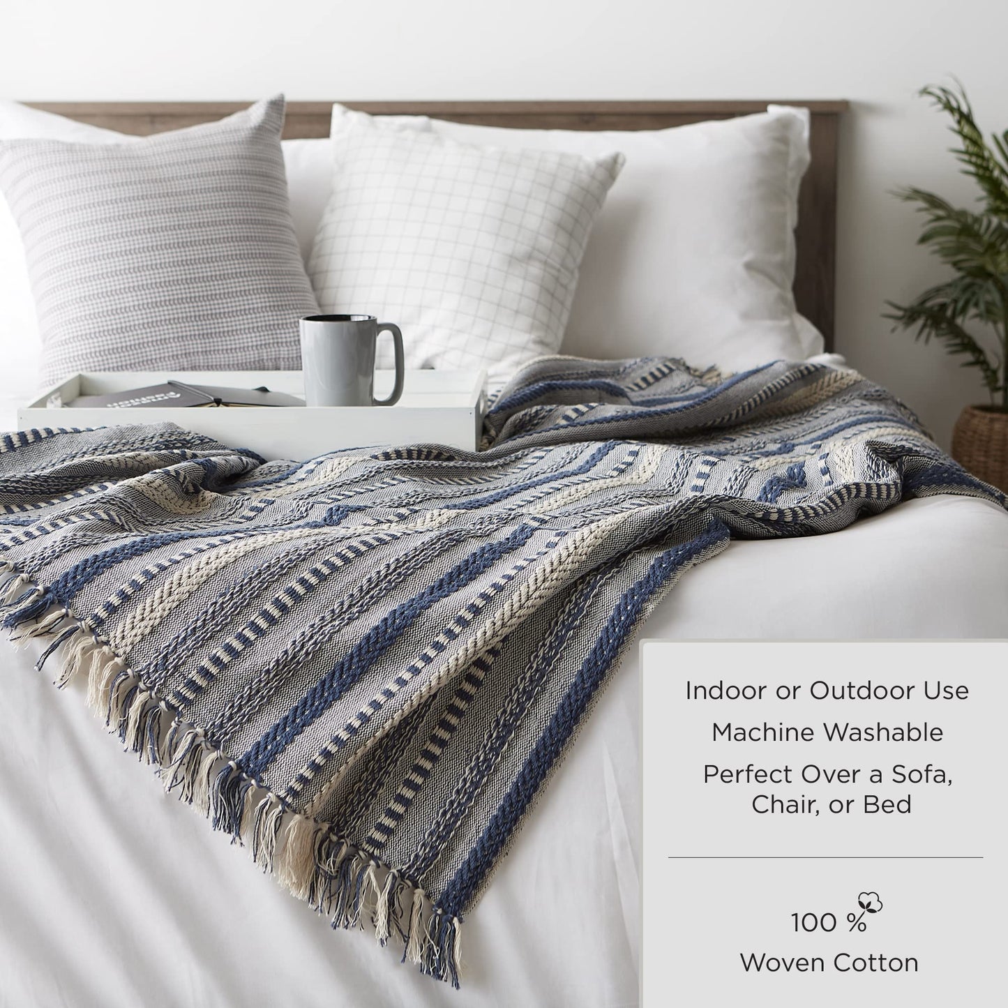 DII Modern Cotton Geometric Blanket Throw with Fringe for Chair, Couch, Picnic, Camping, Beach, & Keep Cozy with Everyday Use, 50x60, Off-White