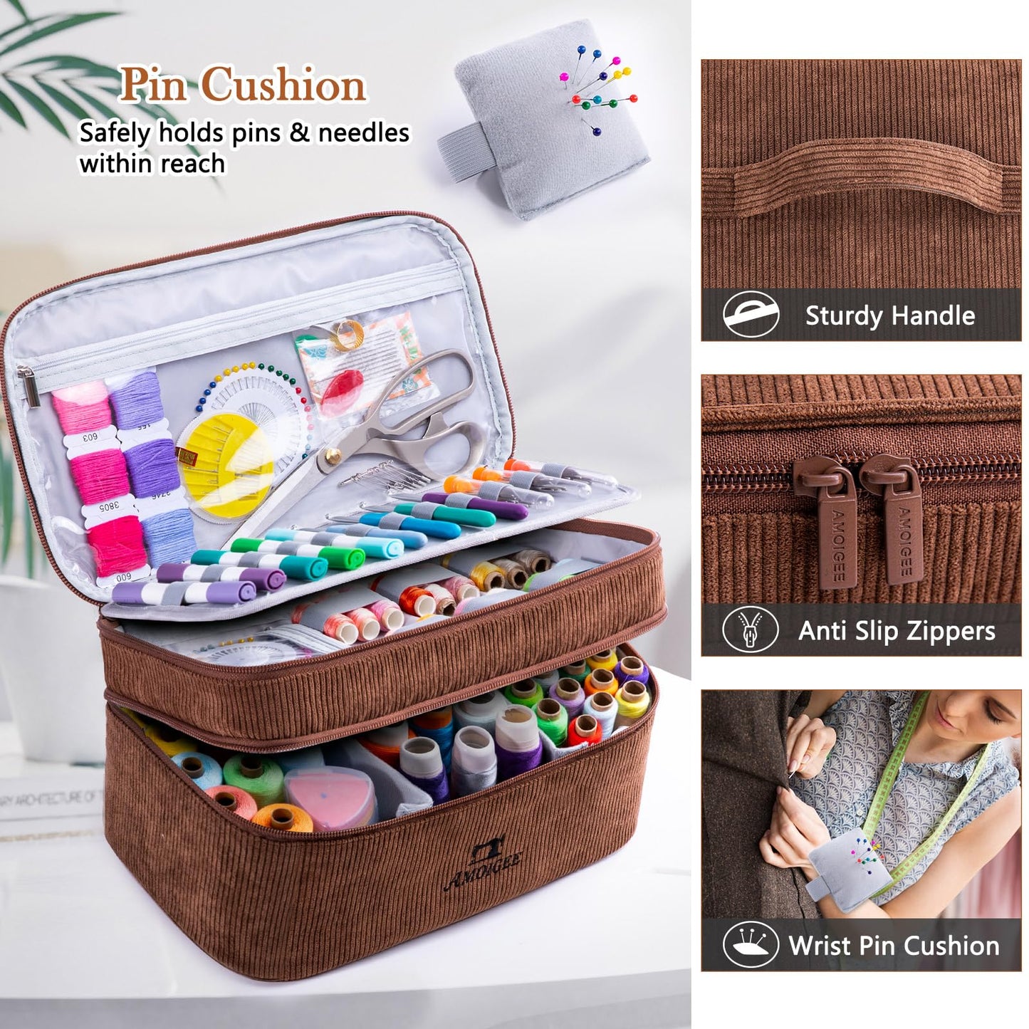 AMOIGEE Double-Layer Sewing Accessories Organizer with Pin Cushion – Large Sewing Storage Bag for Thread, Notions & Tools – Portable Travel Sewing Tote for Quilting, Embroidery & Crafts Gift (BagOnly)