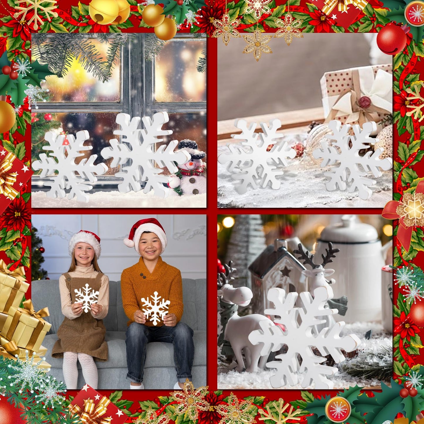 5Pcs Snowflake Christmas Table Decorations, White Distressed Wooden Snowflakes Tabletop Christmas Centerpieces Winter Farmhouse Tiered Tray Decor for Xmas Holiday Party Supplies Home Mantel Decor
